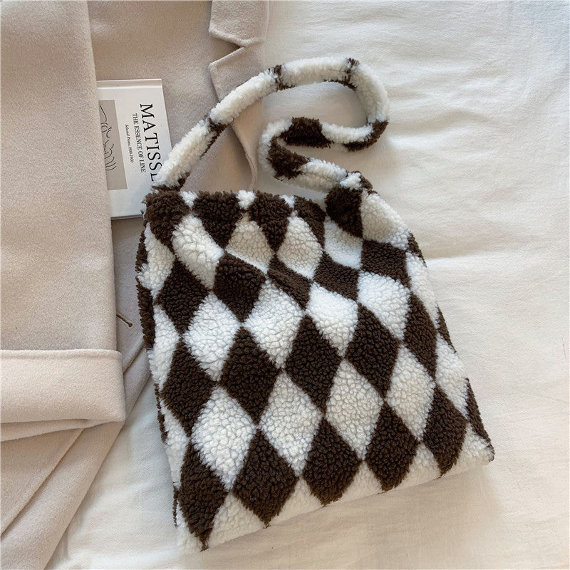 Tote Bag  | Love Shoulder Bags Winter Plush Tote Bag for Women | Diamond coffee |  [option2]| thecurvestory.myshopify.com