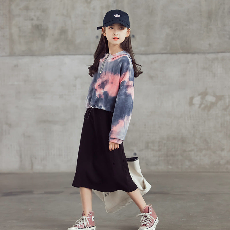 Tie-dye Short Hooded Top And Black Long Skirt Two-piece Suit  Girl Dress Thecurvestory