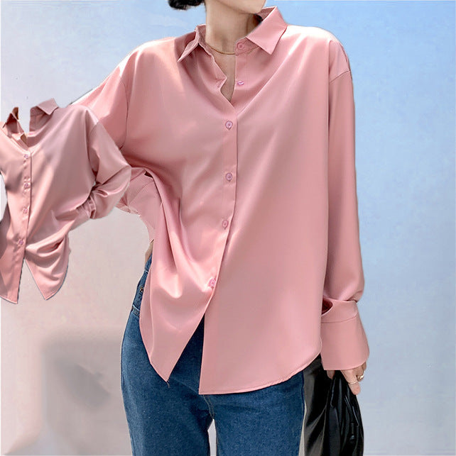 Shirt  | Women's Long-sleeved Satin Shirt | [option1] |  [option2]| thecurvestory.myshopify.com