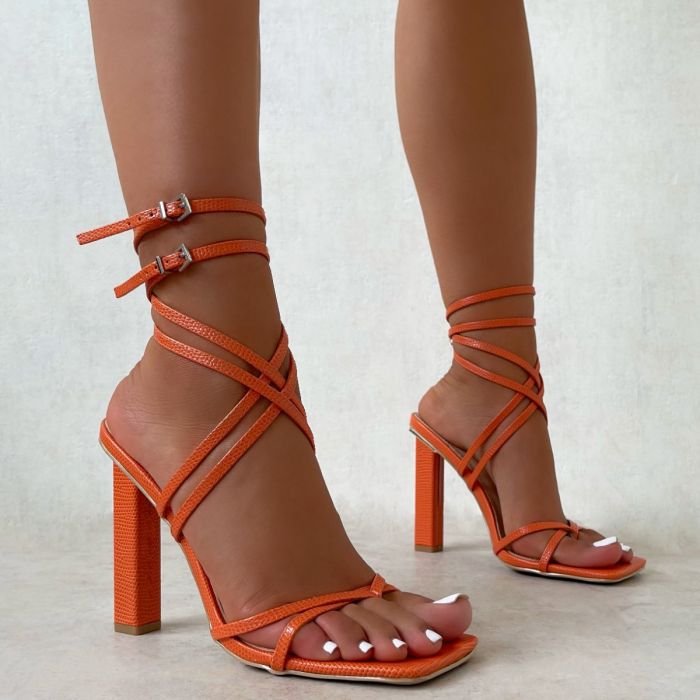 Heeled Sandals  | Women high Heel Strappy buckled Sandals | Orange |  36| thecurvestory.myshopify.com