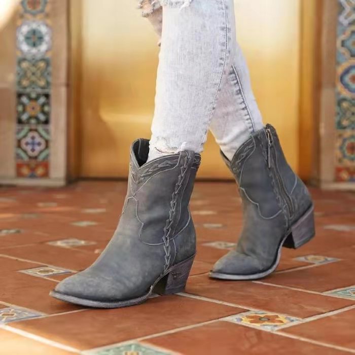Ankle Boots  | Women Pointed Retro western Heeled boots | Grey |  34| thecurvestory.myshopify.com