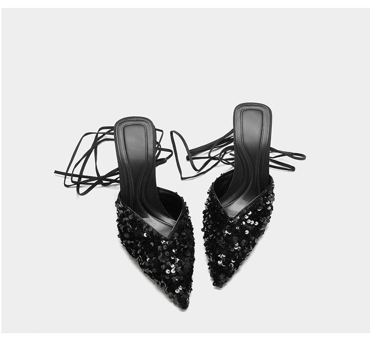 Heeled Sandals  | Black Sequined Stiletto  Strap Toe Pointed  Strappy Toe Shoes | [option1] |  [option2]| thecurvestory.myshopify.com