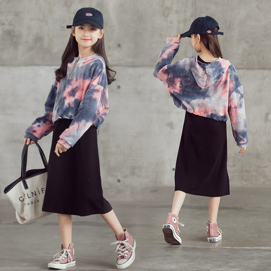 Tie-dye Short Hooded Top And Black Long Skirt Two-piece Suit  Girl Dress Thecurvestory