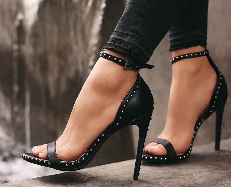 Heeled Sandals  | Europe and the United States word buckle stiletto shoes women's shoes rivet super high heel sandals | Black |  35| thecurvestory.myshopify.com