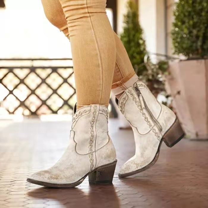 Ankle Boots  | Women Pointed Retro western Heeled boots | White |  34| thecurvestory.myshopify.com