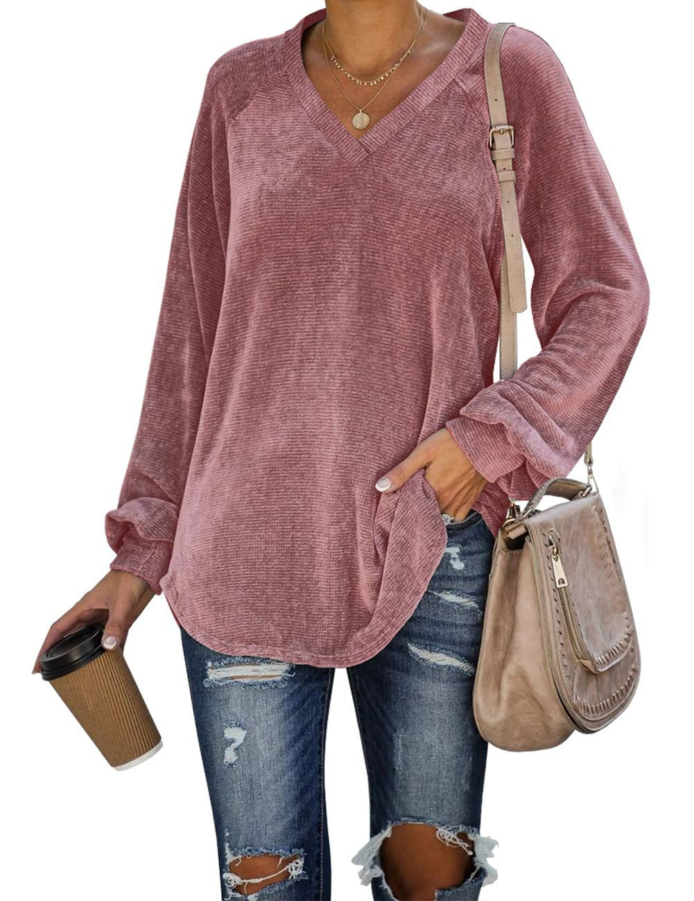 Tshirt  | Plus size women’s V-neck long sleeves T-shirt | Pink |  3XL| thecurvestory.myshopify.com