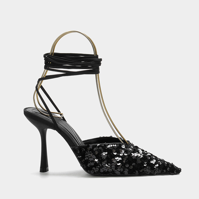 Heeled Sandals  | Black Sequined Stiletto  Strap Toe Pointed  Strappy Toe Shoes | Black |  35| thecurvestory.myshopify.com
