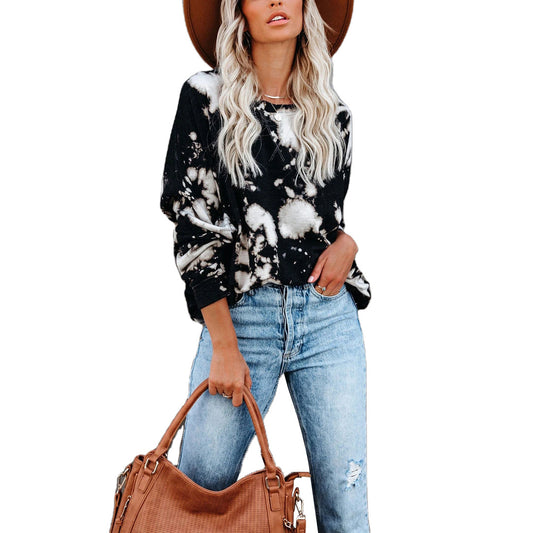Tops  | Tie-Dye Printed Long-Sleeved Round Neck Casual Loose Top | [option1] |  [option2]| thecurvestory.myshopify.com