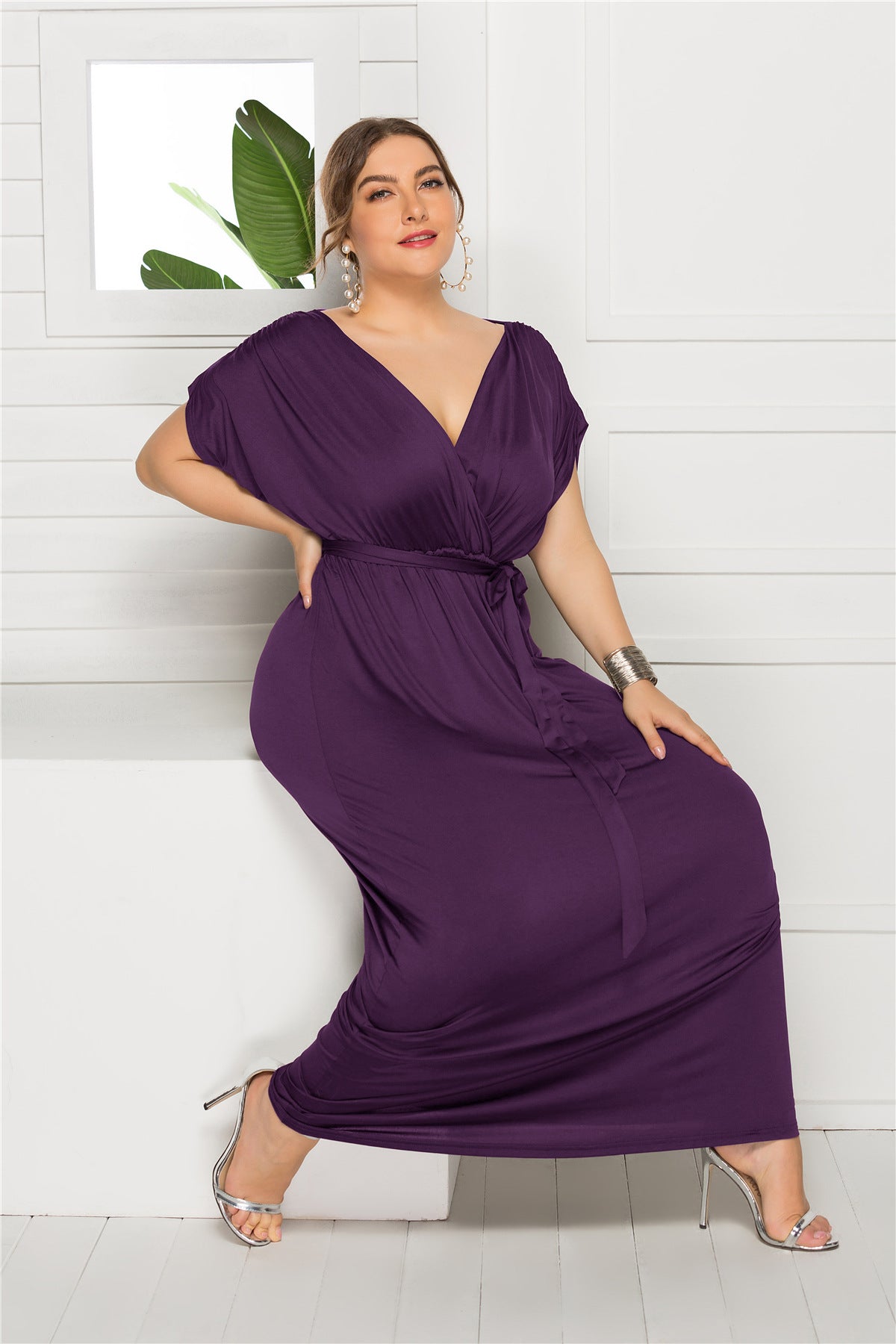 Plus Size Solid Color V-Neck Loose Swing Dress  dresses Thecurvestory