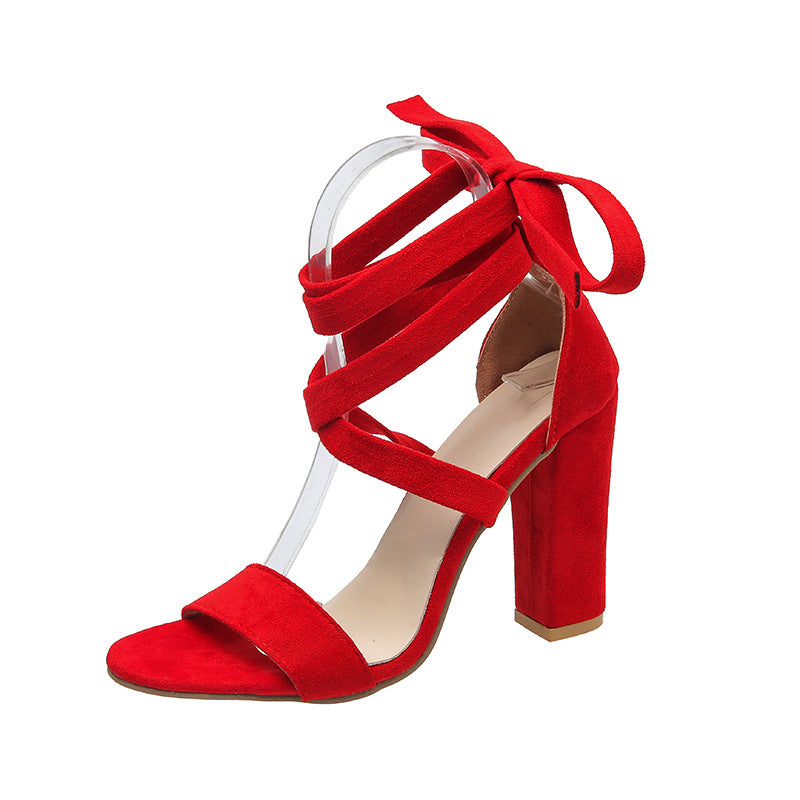 Heeled Sandals  | Super high heel hollow round head with sandals ankle strap buckle women's shoes | Red |  34| thecurvestory.myshopify.com