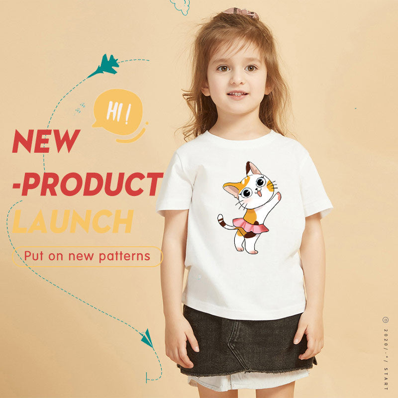 Girls Round Neck Casual  Kitten Print tshirt  Girls T-shirt Thecurvestory