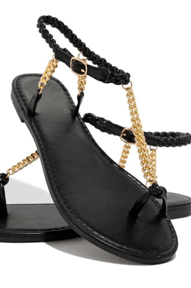 Heeled Sandals  | Round Toe Flat Toe Metal Chain Sandals Women's Large Size Beach Sandals | Black |  36| thecurvestory.myshopify.com