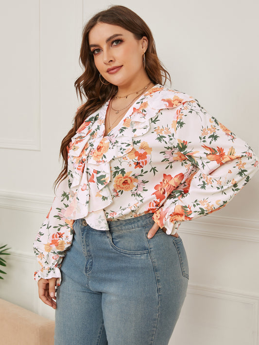 Plus Size Women's Printed Ruffled Loose V-neck Top  Tops Thecurvestory