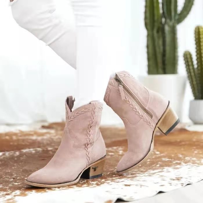 Ankle Boots  | Women Pointed Retro western Heeled boots | Pink |  34| thecurvestory.myshopify.com