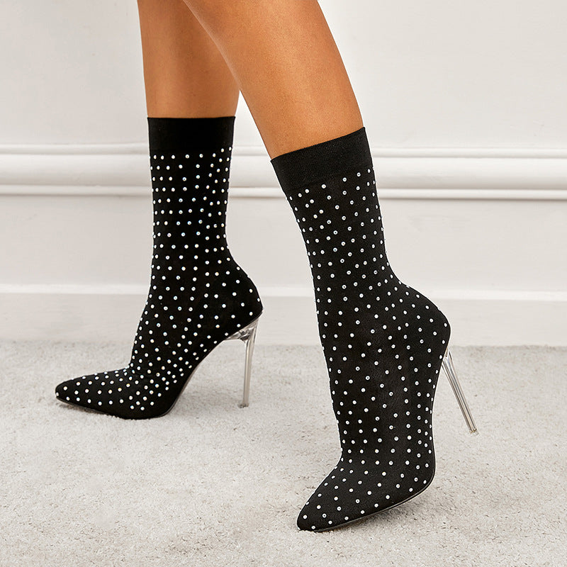 Heeled Boots  | Women's Pointed Toe Elastic Stiletto Sock Boots | Black |  35| thecurvestory.myshopify.com