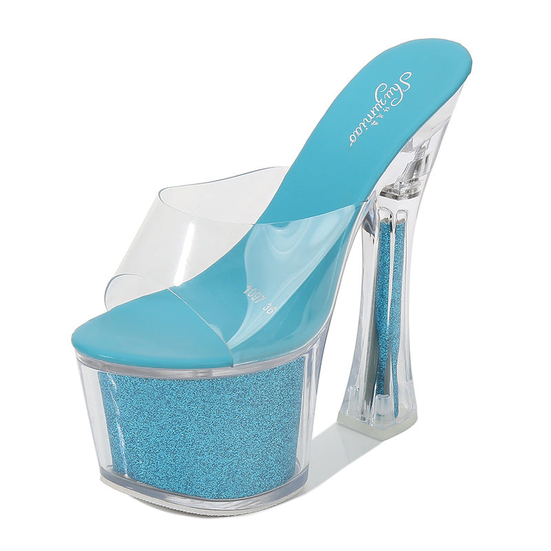 Heeled Sandals  | Women clear strap platform high heeled Sandal | Blue |  34| thecurvestory.myshopify.com