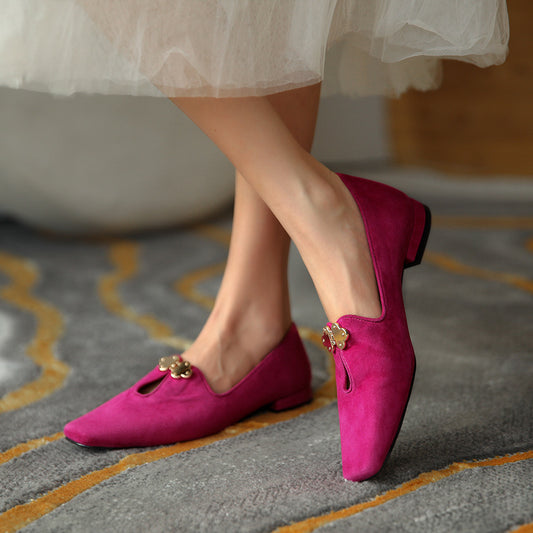 Loafers  | Low-cut Square Headgear Foot Mid-mouth Women's Shoes | Rose Red |  35| thecurvestory.myshopify.com