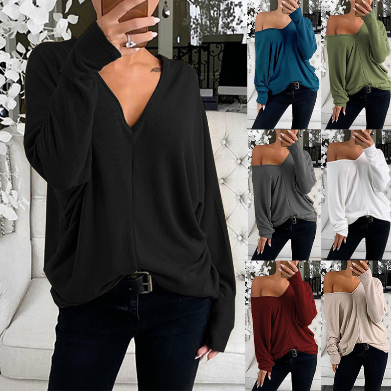 Tops  | Simple Big V-neck Loose Shoulder Sleeves Loose Long-sleeved Top T-shirt | [option1] |  [option2]| thecurvestory.myshopify.com