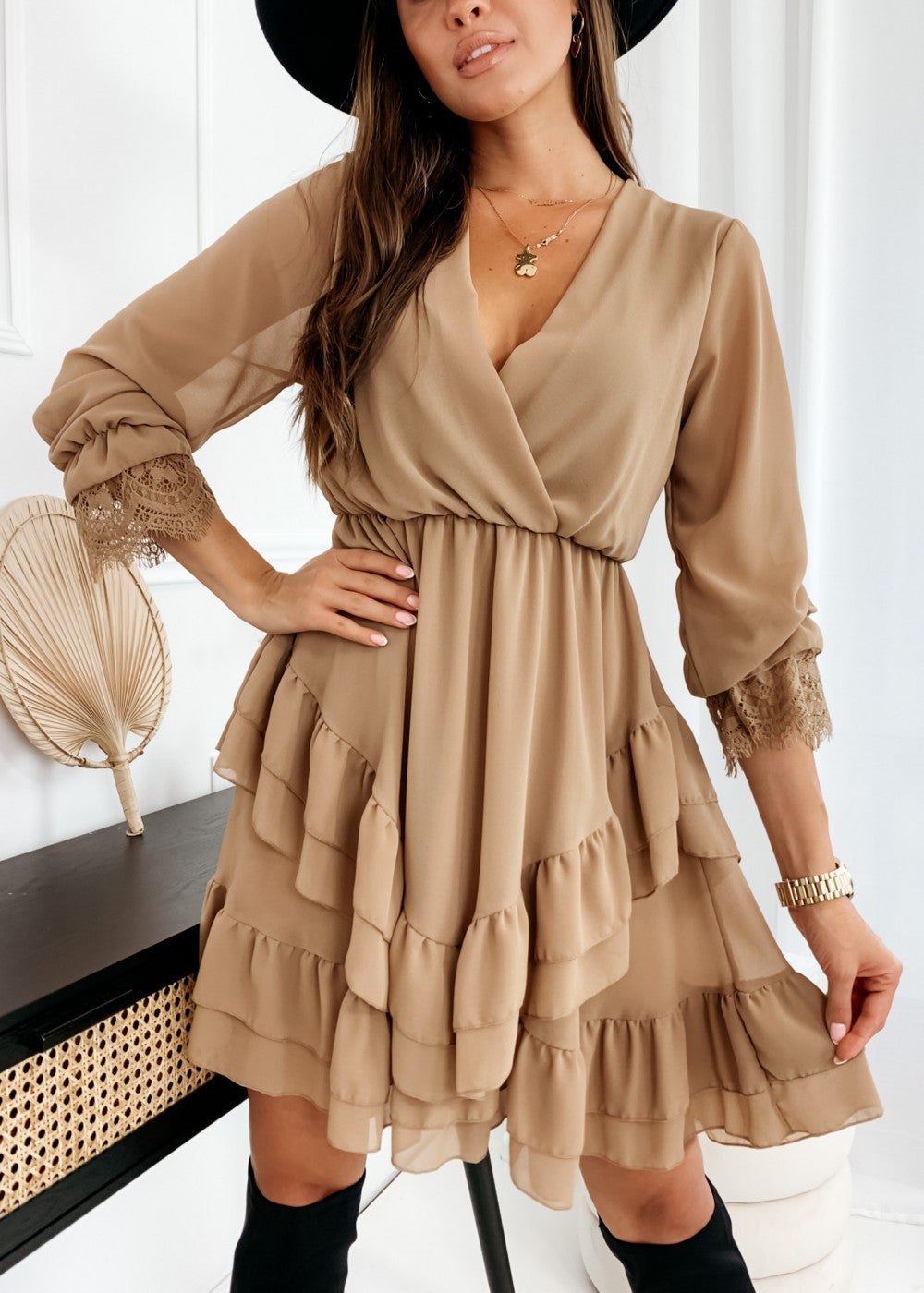 [product_type]  | Turtleneck Long Sleeve V-Neck Ruffle Skirt Chiffon Dress | Brown |  L| thecurvestory.myshopify.com