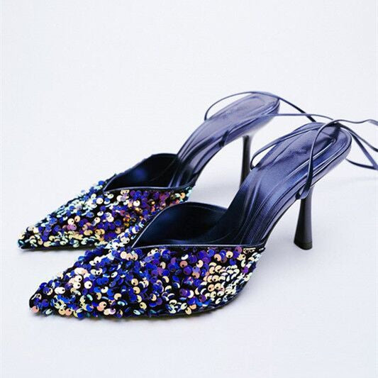 Heeled Sandals  | Black Sequined Stiletto  Strap Toe Pointed  Strappy Toe Shoes | Blue |  35| thecurvestory.myshopify.com