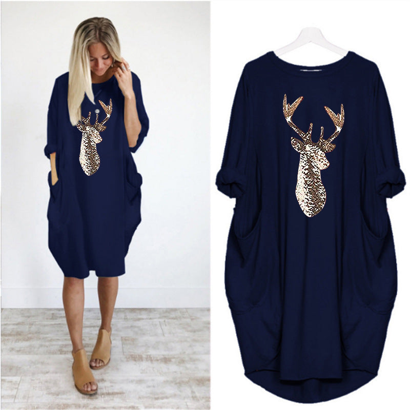 Dress  | Printed Round Neck tshirt Dress | Navy Blue |  2XL| thecurvestory.myshopify.com