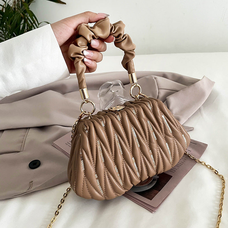Handbag  | Fashion Chain Pleated Portable Hand Bag | Khaki |  [option2]| thecurvestory.myshopify.com