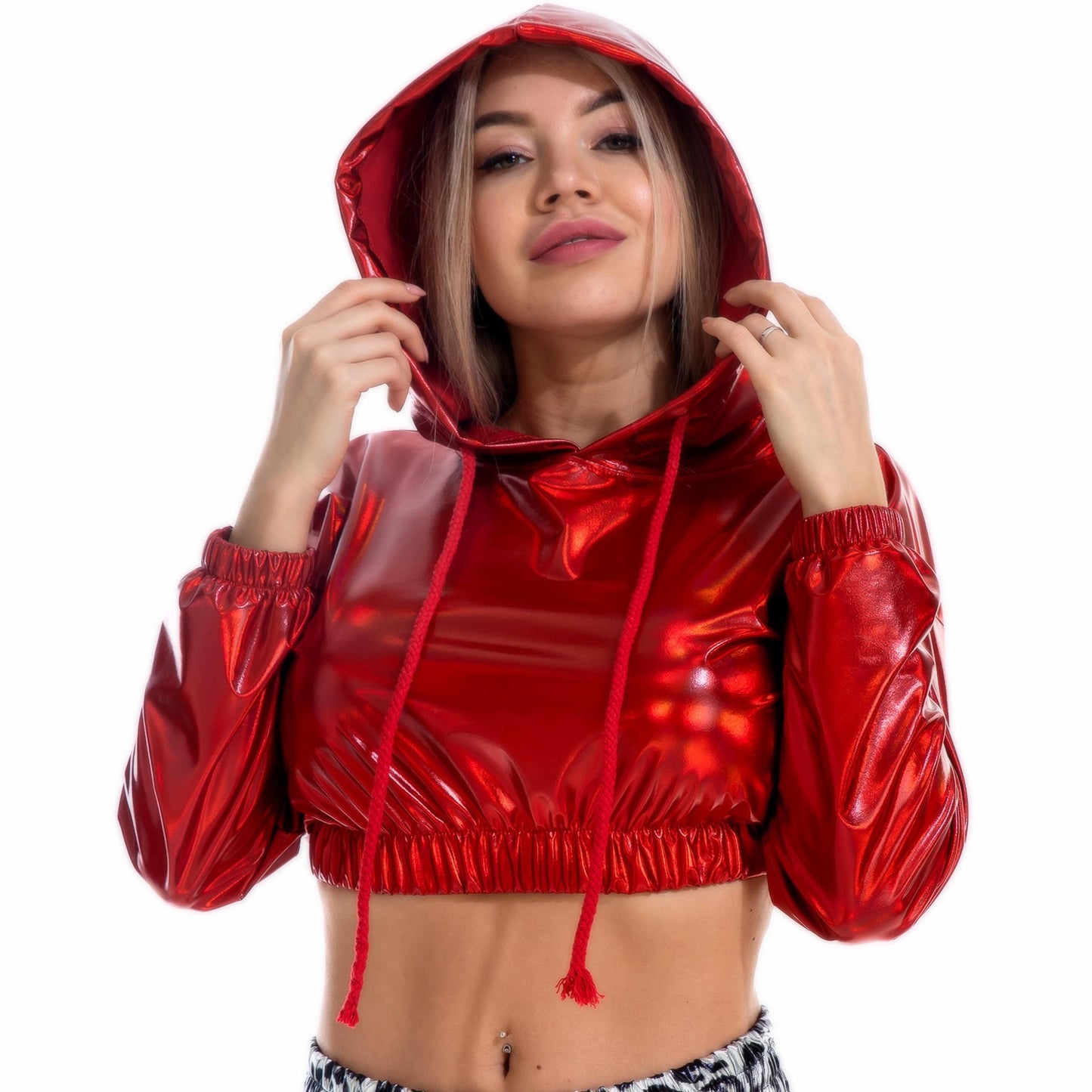 Bright Leather Sexy Long-sleeved Hooded Pullover Short Sweater  Hoodies Thecurvestory