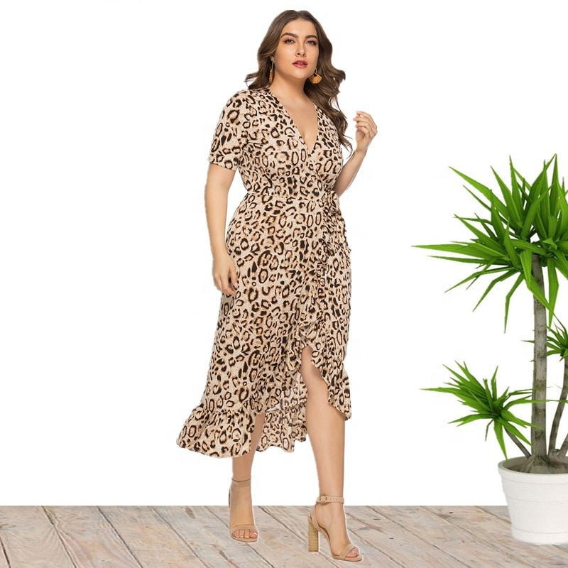 Plus Size V-neck Ruffled Irregular Leopard Print Dress  dresses Thecurvestory