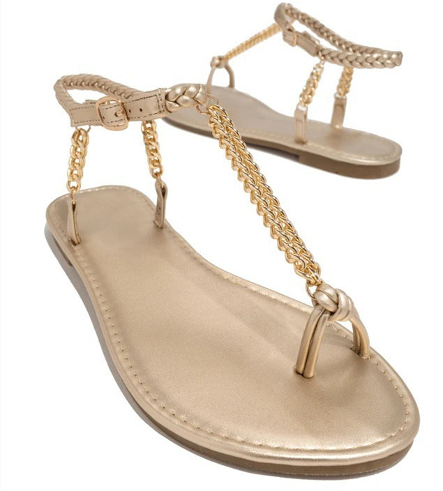 Heeled Sandals  | Round Toe Flat Toe Metal Chain Sandals Women's Large Size Beach Sandals | Champagne |  36| thecurvestory.myshopify.com