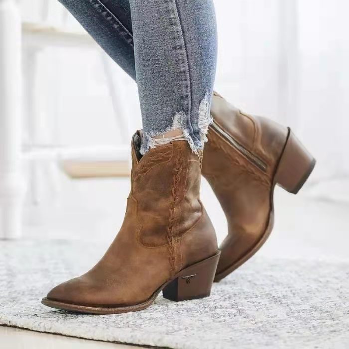 Ankle Boots  | Women Pointed Retro western Heeled boots | Brown |  34| thecurvestory.myshopify.com
