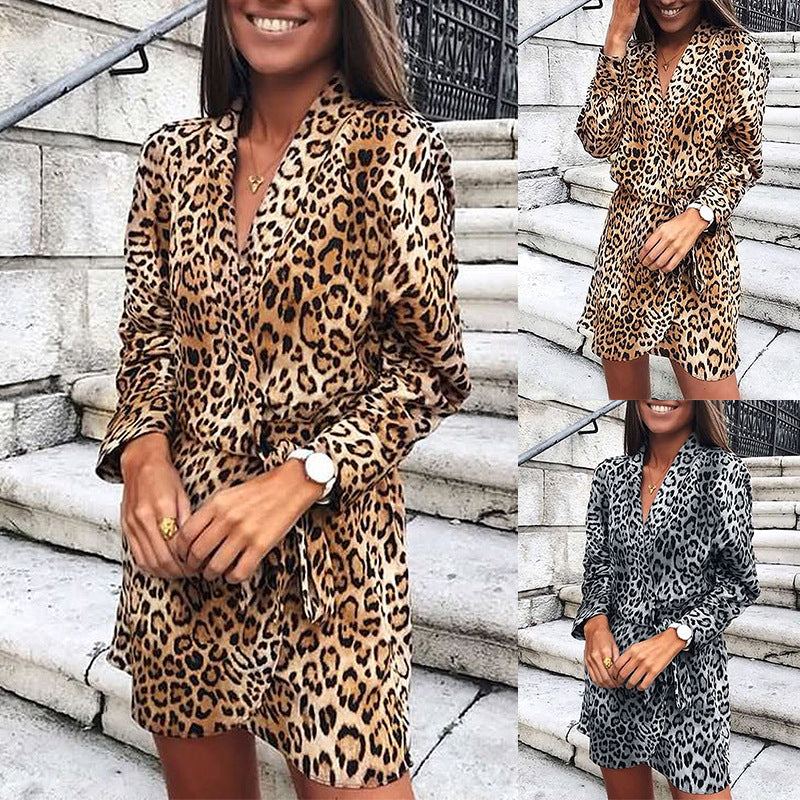 Leopard Print Long Sleeve V-Neck Irregular Dress  Dresses Thecurvestory
