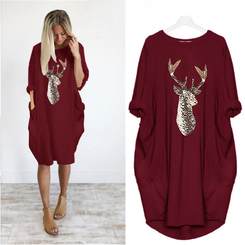 Dress  | Printed Round Neck tshirt Dress | Wine Red |  2XL| thecurvestory.myshopify.com