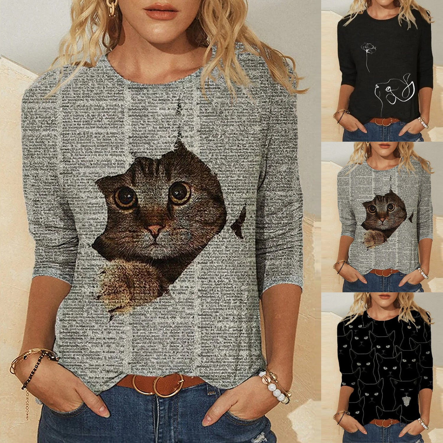 Tshirt  | Knitted Long Sleeve Printed Round Neck Women's T-Shirt | [option1] |  [option2]| thecurvestory.myshopify.com