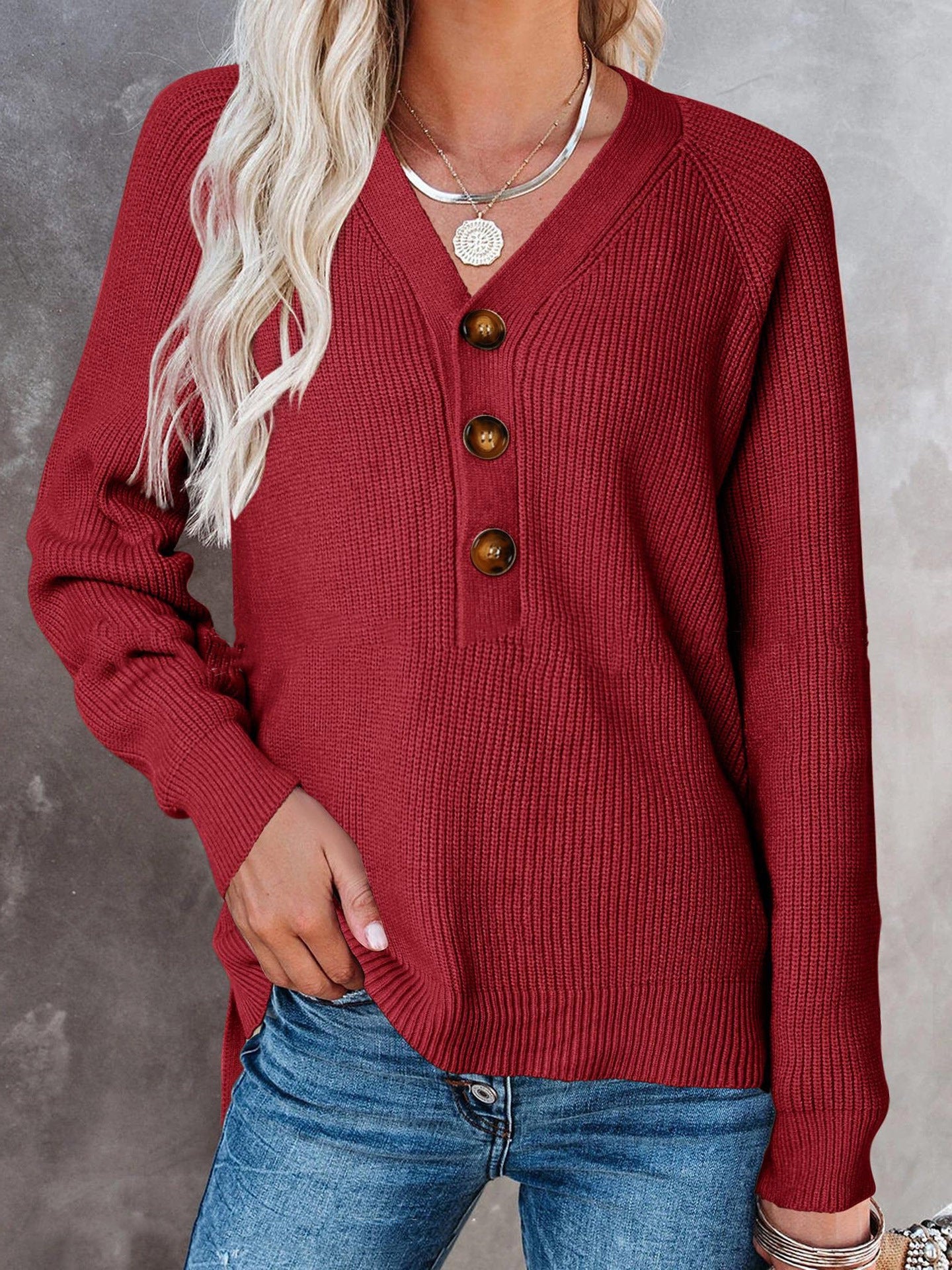 New Button Knitted V-neck Sweater  sweaters Thecurvestory