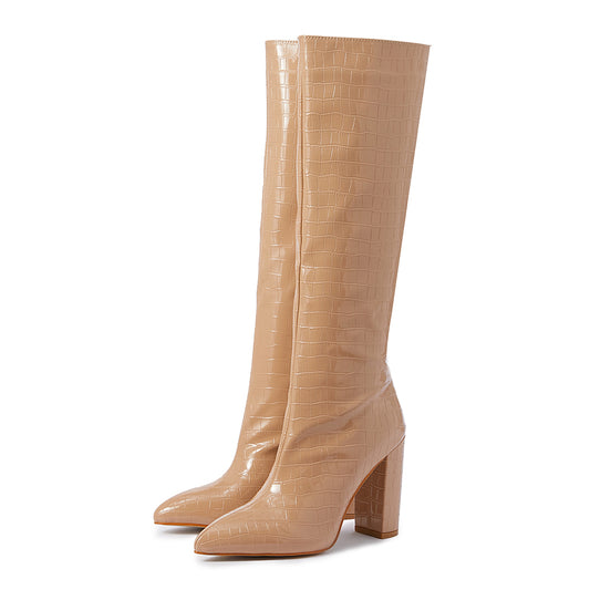 Heeled Boots  | Women's Pointed Toe Chunky Heel Knee Boots | thecurvestory.myshopify.com