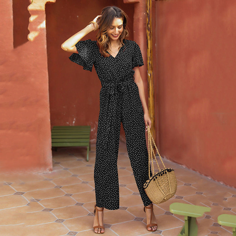 High-waist Lace-up Polka-dot Print Fashion jumpsuit  Jumpsuit Thecurvestory