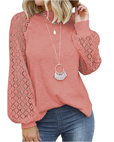 Tops  | Round Collar Long Sleeves Lace Stitching Blouse Woman | Pink |  2XL| thecurvestory.myshopify.com