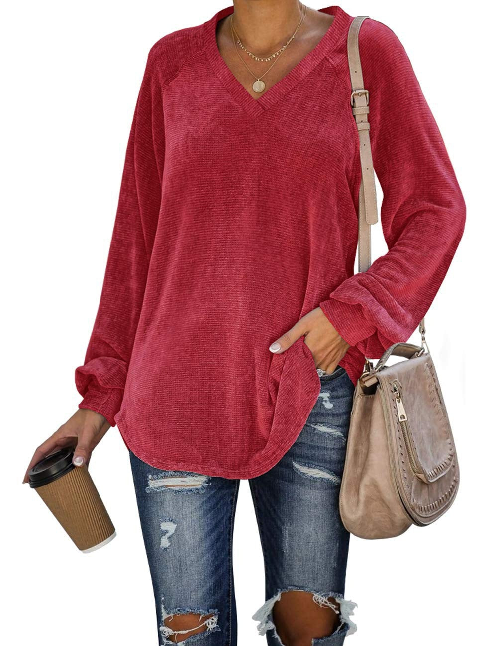 Tshirt  | Plus size women’s V-neck long sleeves T-shirt | Red |  3XL| thecurvestory.myshopify.com