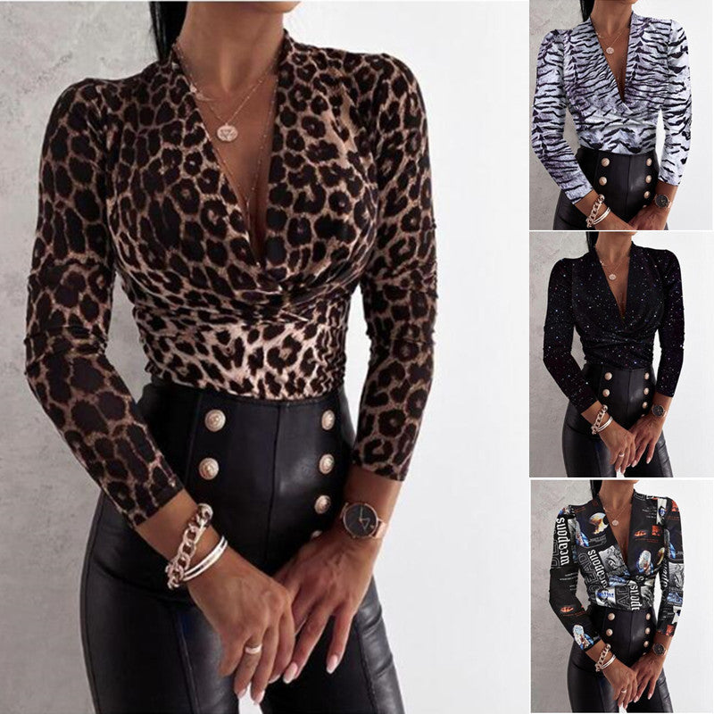 Tops  | Sexy Long Sleeve V-neck Leopard Print Ladies Blouse | [option1] |  [option2]| thecurvestory.myshopify.com