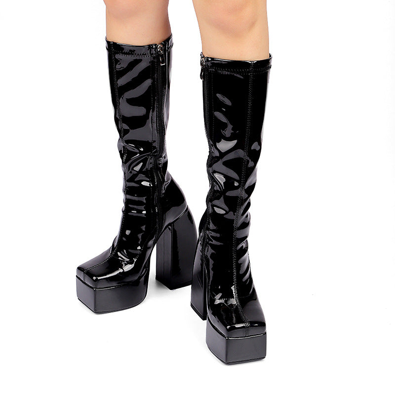 Heeled Boots  | Women's Block Heeled Platform Patent High Boots | thecurvestory.myshopify.com