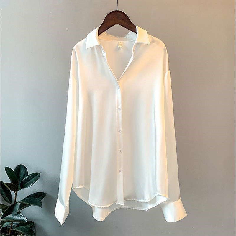 Shirt  | Women's Long-sleeved Satin Shirt | Pearl white |  2XL| thecurvestory.myshopify.com