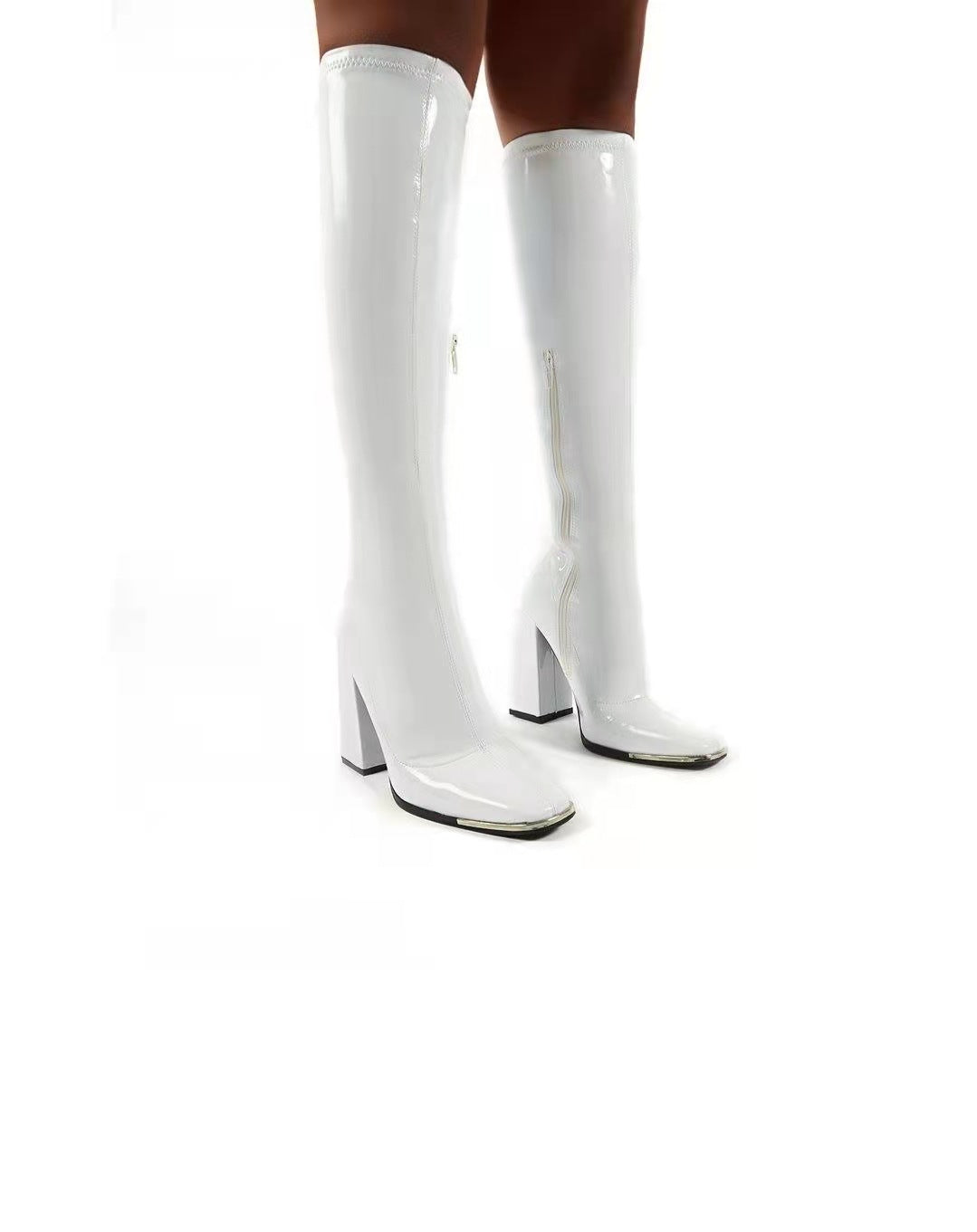 Square Toe Chunky Heel Bright Leather large Size Side Zip knee Boots  Boots Thecurvestory