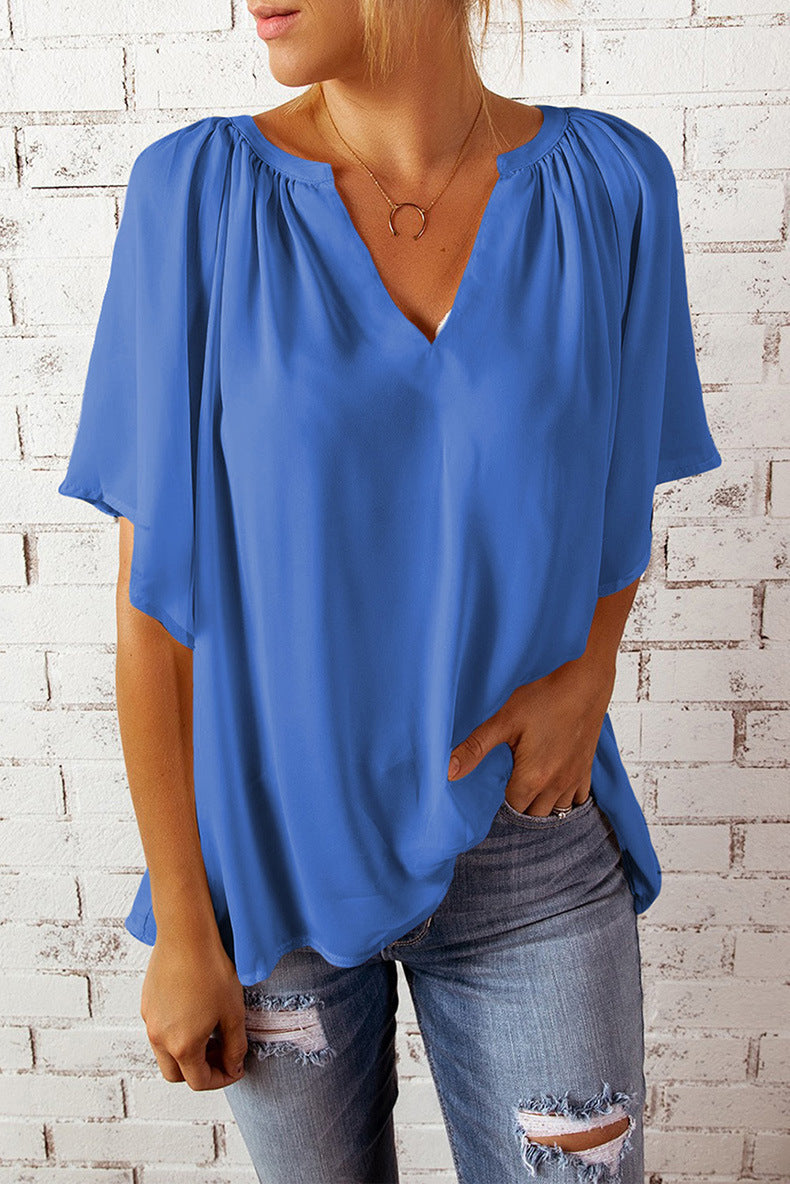 Tshirt  | Women's Loose Half Sleeve T-Shirt V-Neck Slim Fit | Blue |  L| thecurvestory.myshopify.com