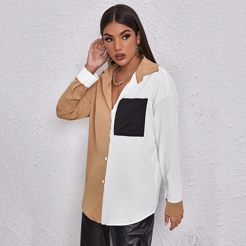 Contrast Stitching Top Long-Sleeved Shirt  Shirt Thecurvestory
