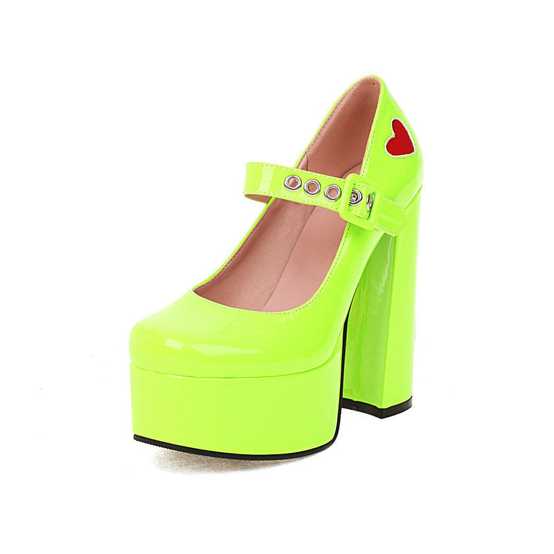 Heeled Pumps  | Women Patent Love Chunky high heeled Shoes | Green |  35| thecurvestory.myshopify.com