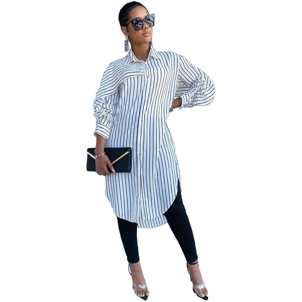 [product_type]  | Striped Shirt Loose Long Thin Coat Choose Top | White |  2XL| thecurvestory.myshopify.com