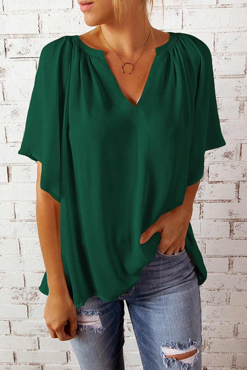 Tshirt  | Women's Loose Half Sleeve T-Shirt V-Neck Slim Fit | Green |  L| thecurvestory.myshopify.com