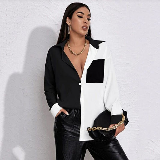 Contrast Stitching Top Long-Sleeved Shirt  Shirt Thecurvestory
