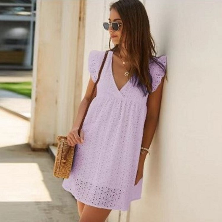[product_type]  | Summer V-neck Cotton Short Skirt Solid Color Dress | Purple |  L| thecurvestory.myshopify.com