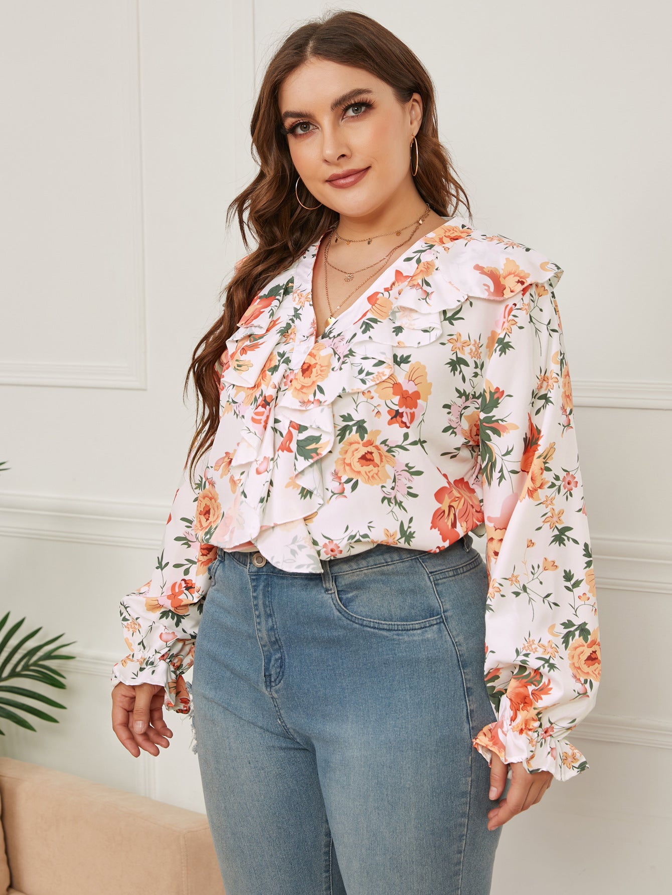 Plus Size Women's Printed Ruffled Loose V-neck Top  Tops Thecurvestory